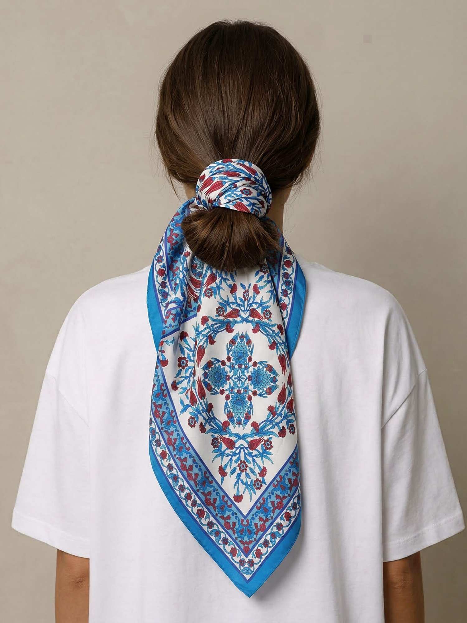 blue red white head scarf