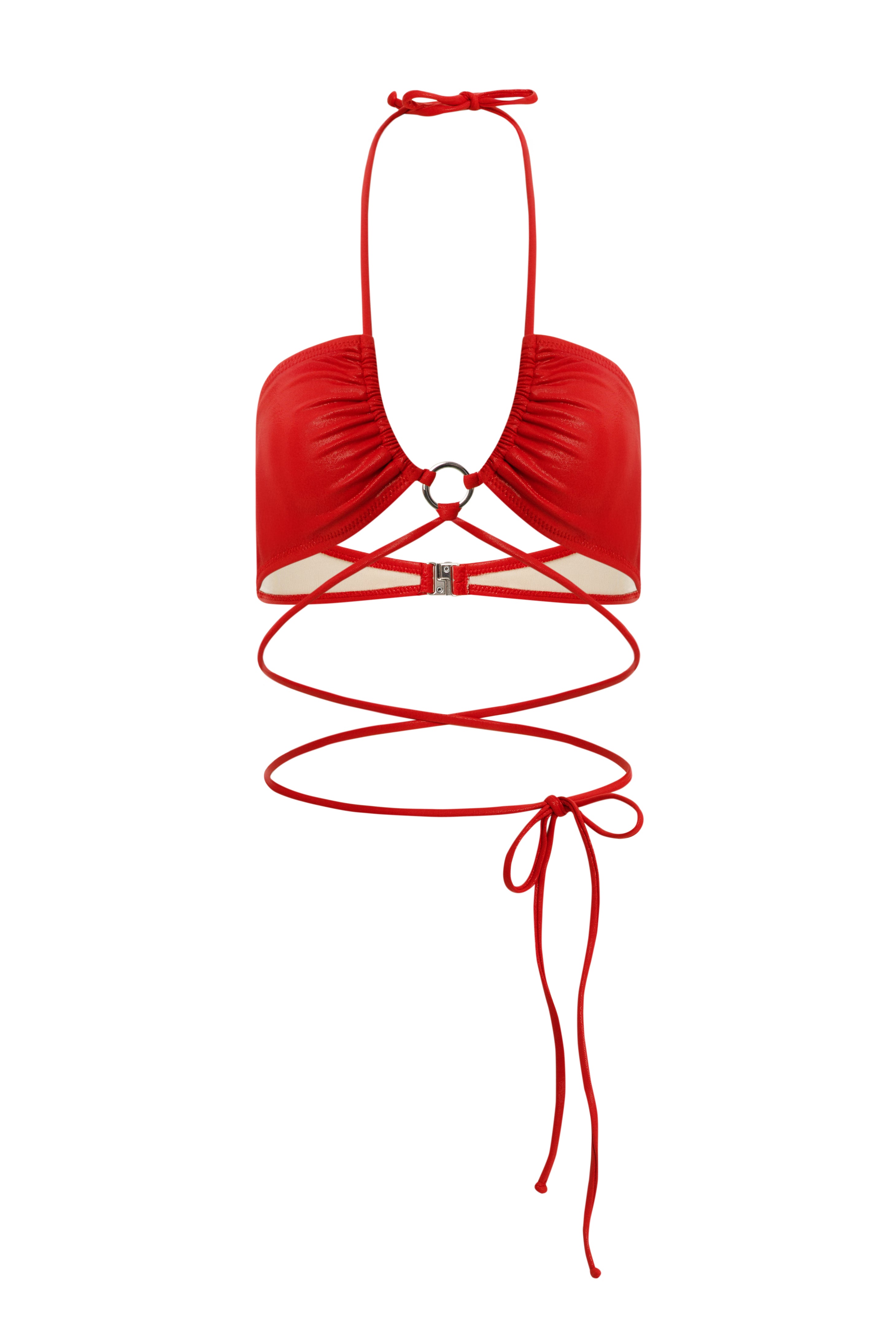 Ring Halter Bikini Top - Coral Red Shimmer