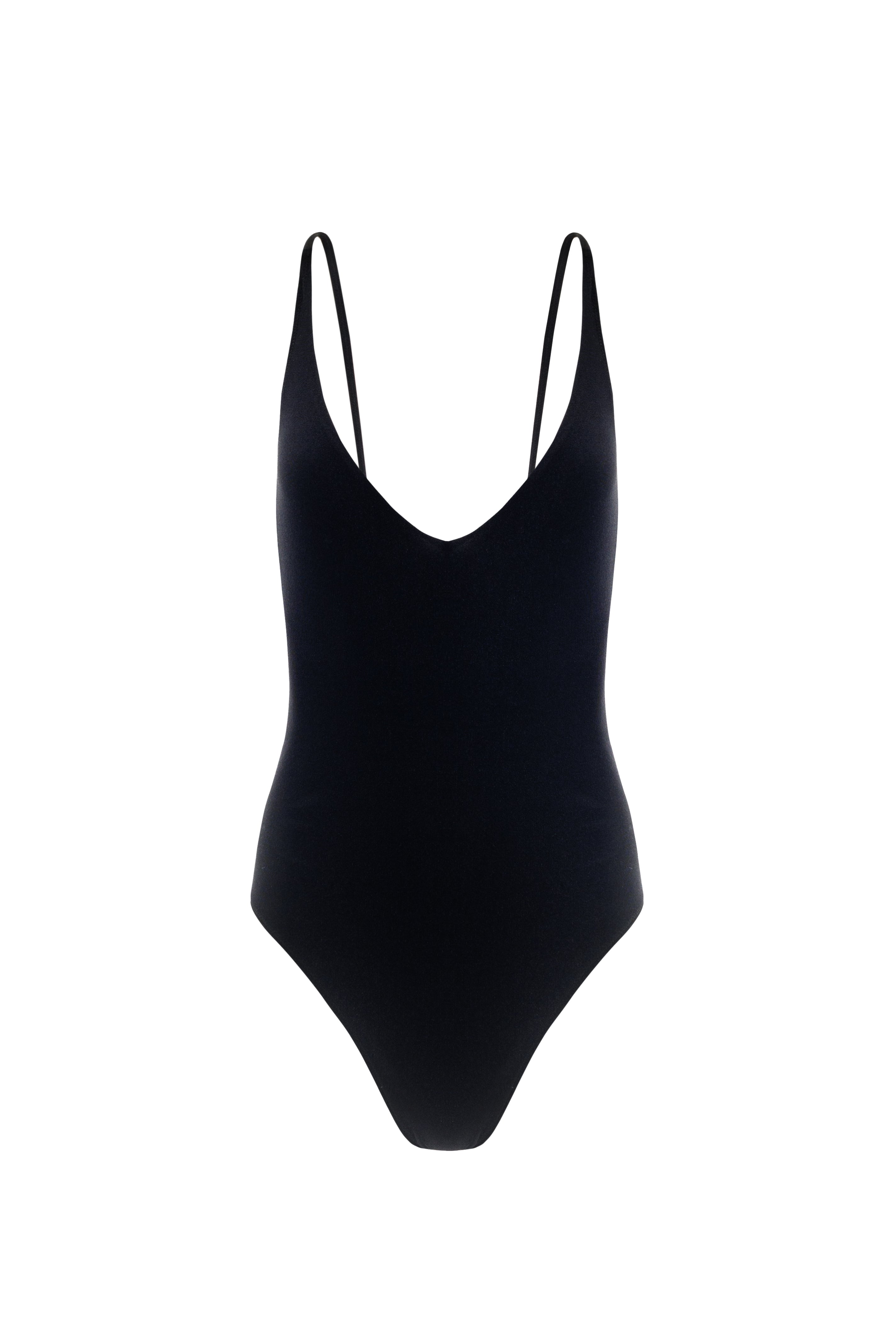 Plunge V-Neck One-Piece Swimsuit  - Black Sheen