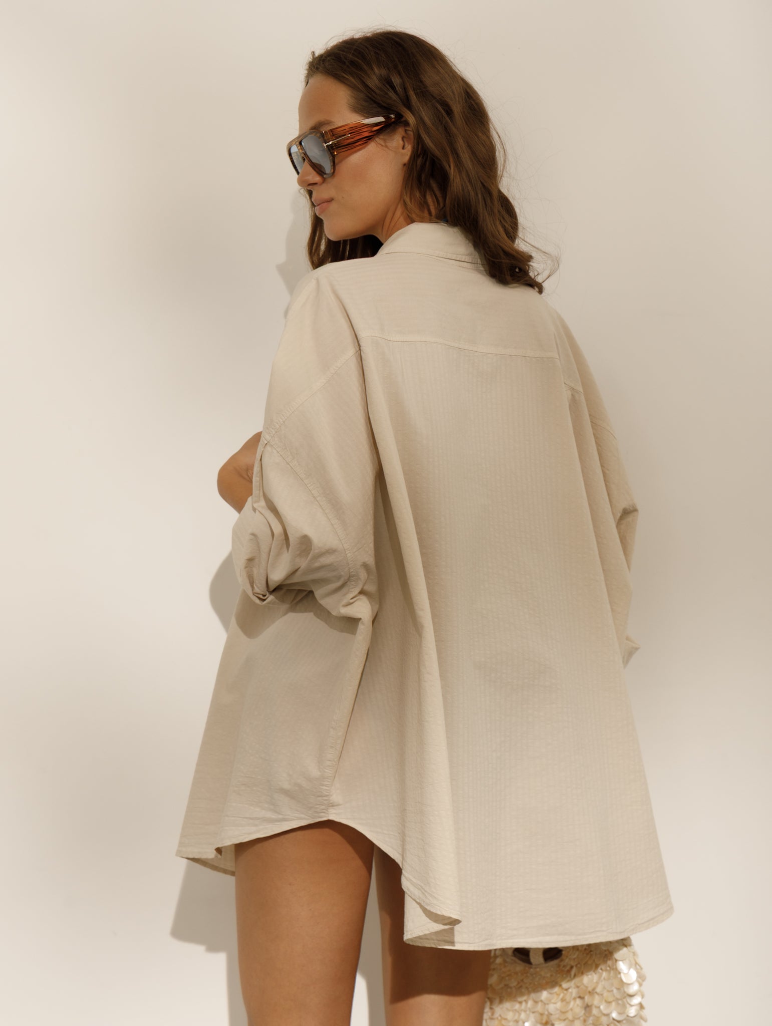 PRL women beige oversized resort shirt with front pocket back view relaxed coastal summer look