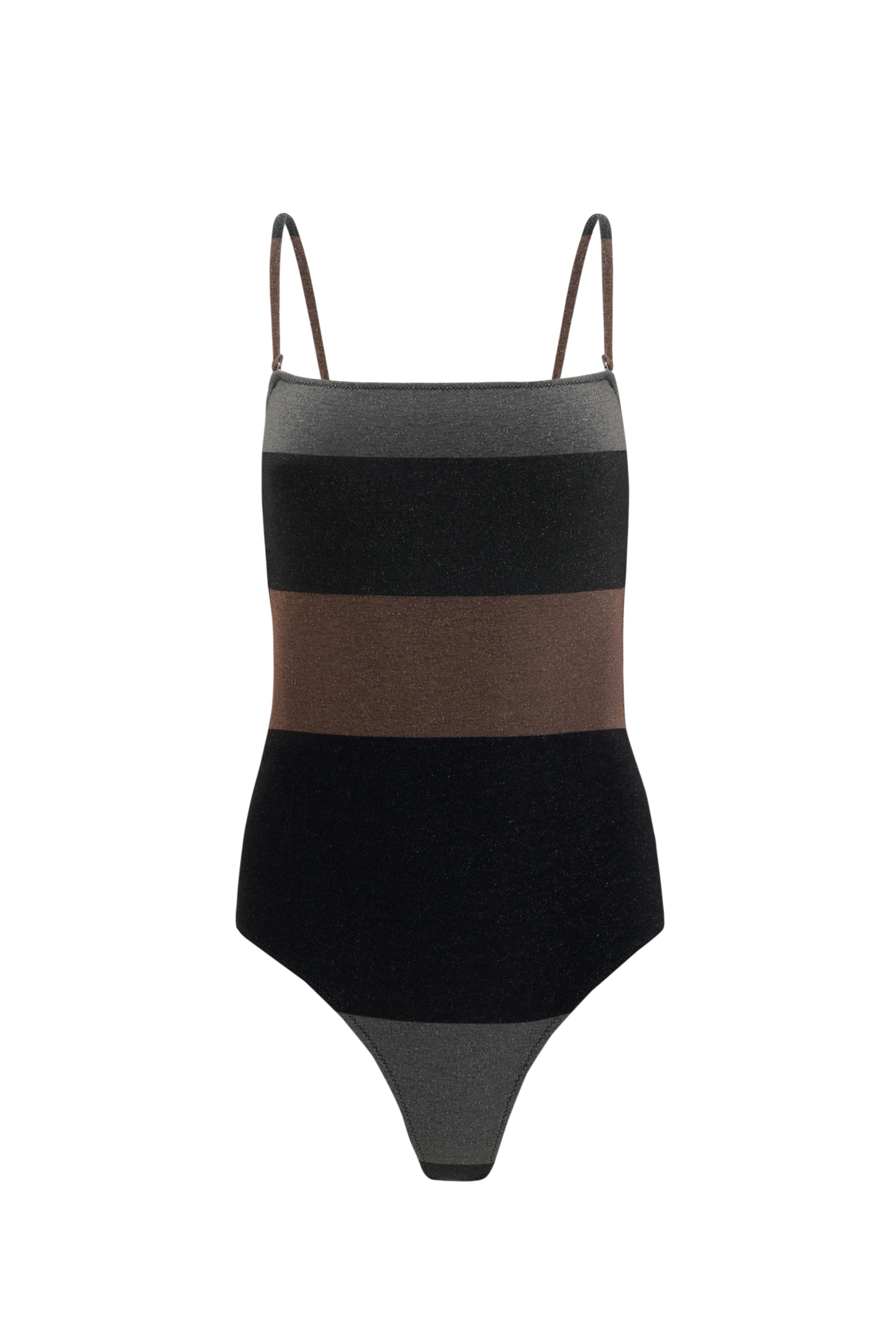 PRL women black and grey panel one piece swimsuit with square neckline and shimmer fabric luxury swimwear