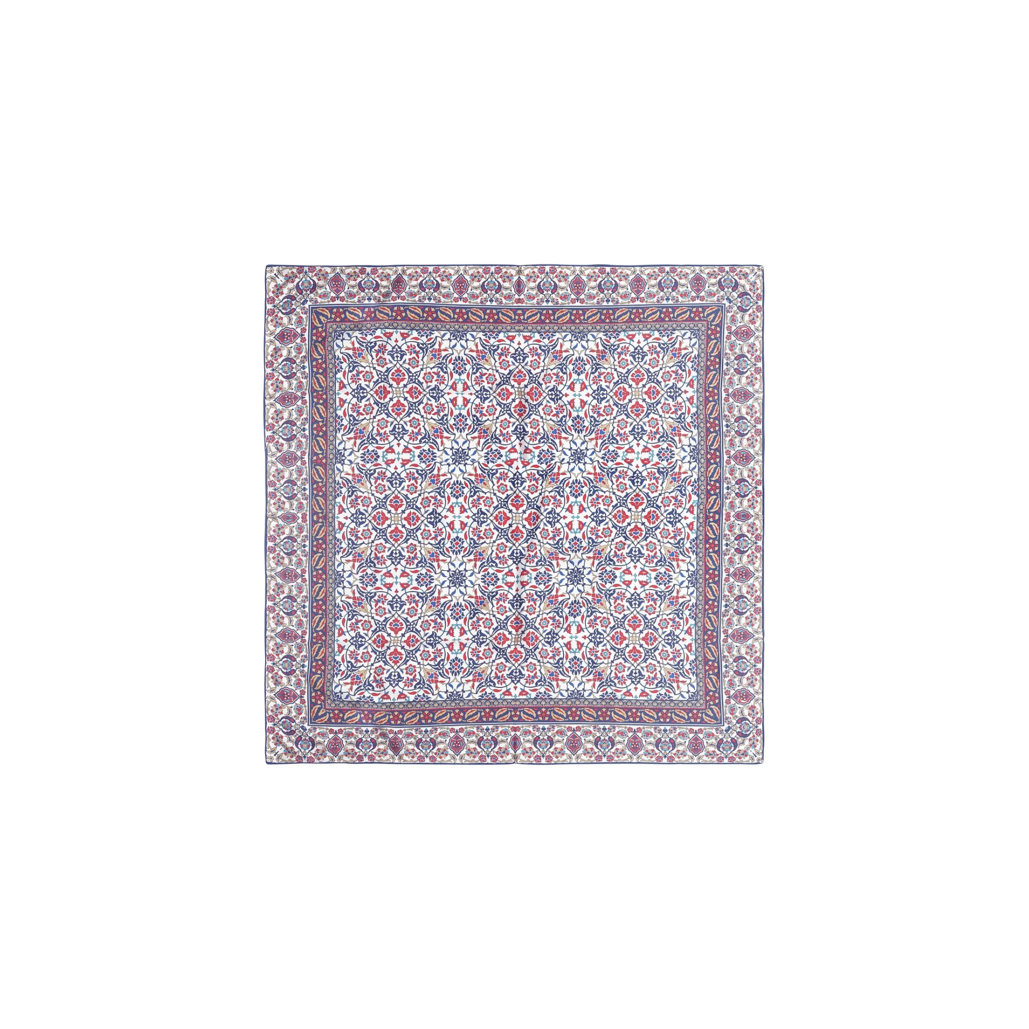PRL square silk head scarf with blue and ivory floral tile pattern modern vacation cover-up