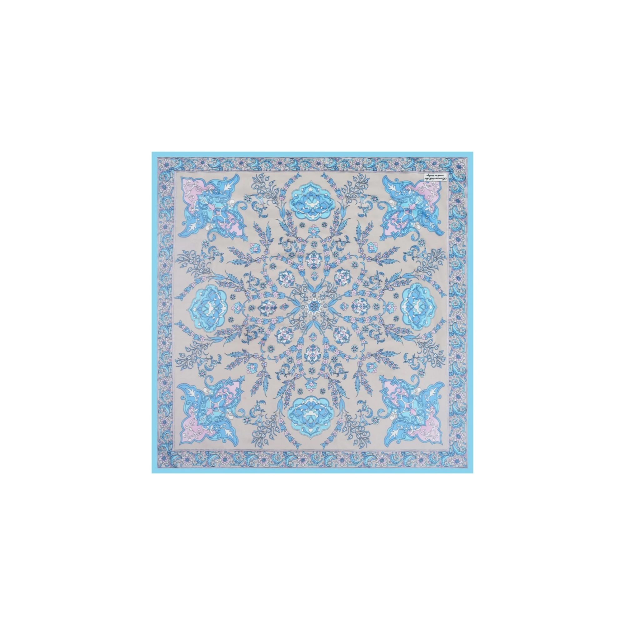 PRL square silk scarf with light blue ornamental floral tile pattern 