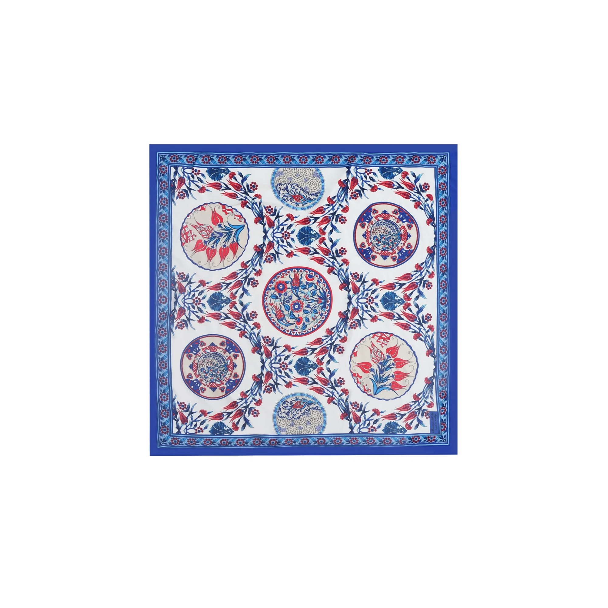 PRL square silk scarf with blue and red ornamental floral pattern and decorative border