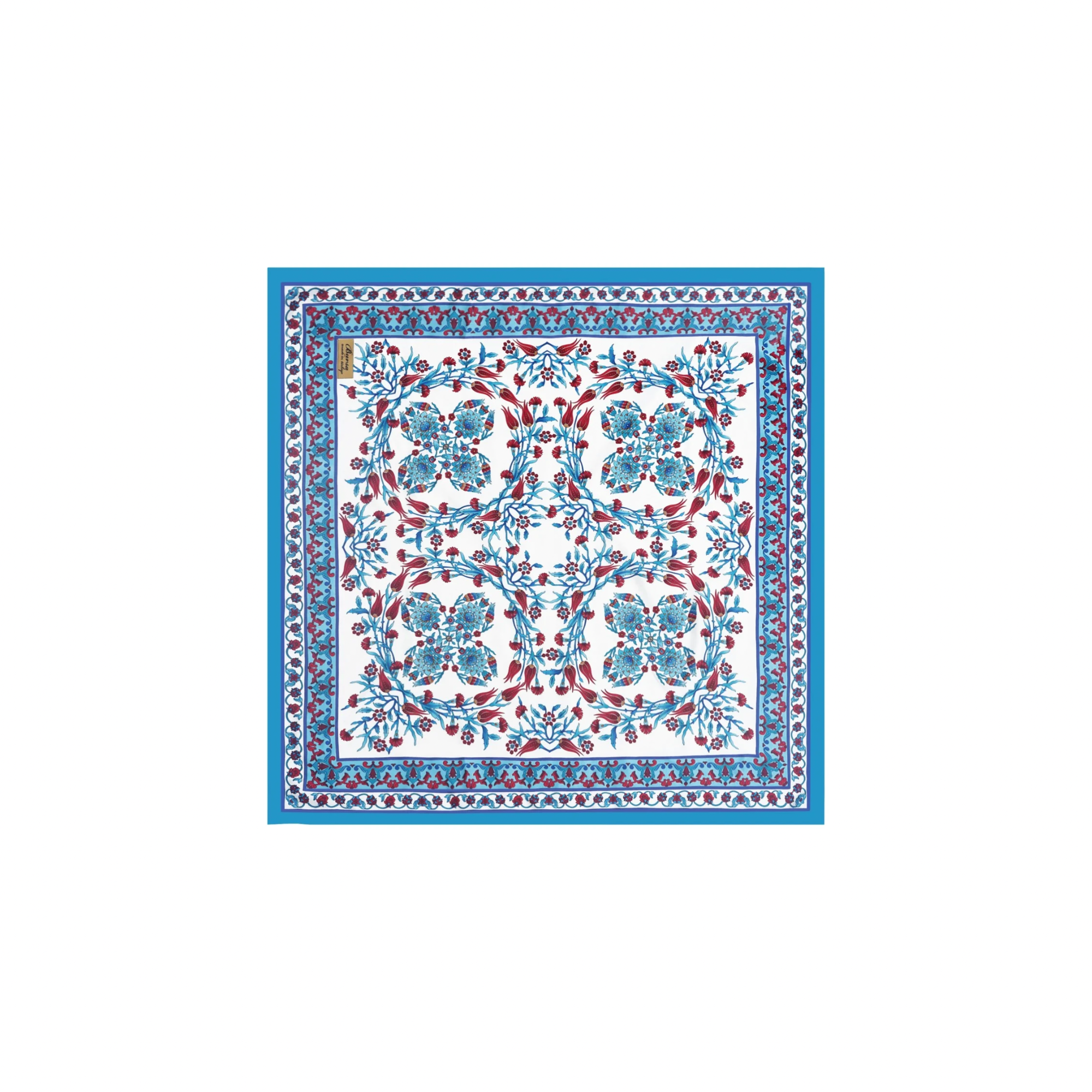 PRL square silk scarf with blue and red tile motif floral pattern and decorative border