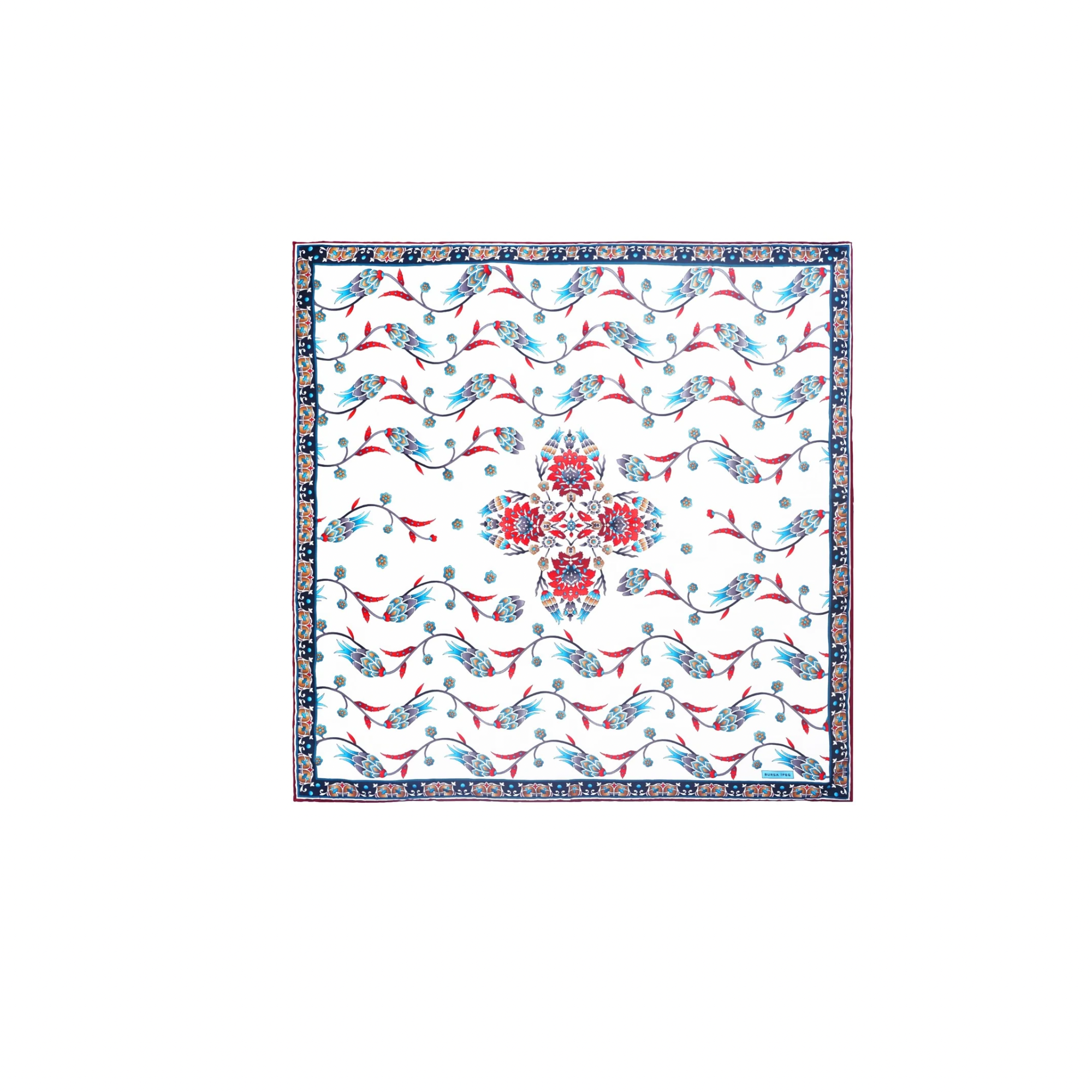 PRL square silk scarf with blue and red tulip floral tile pattern and decorative border