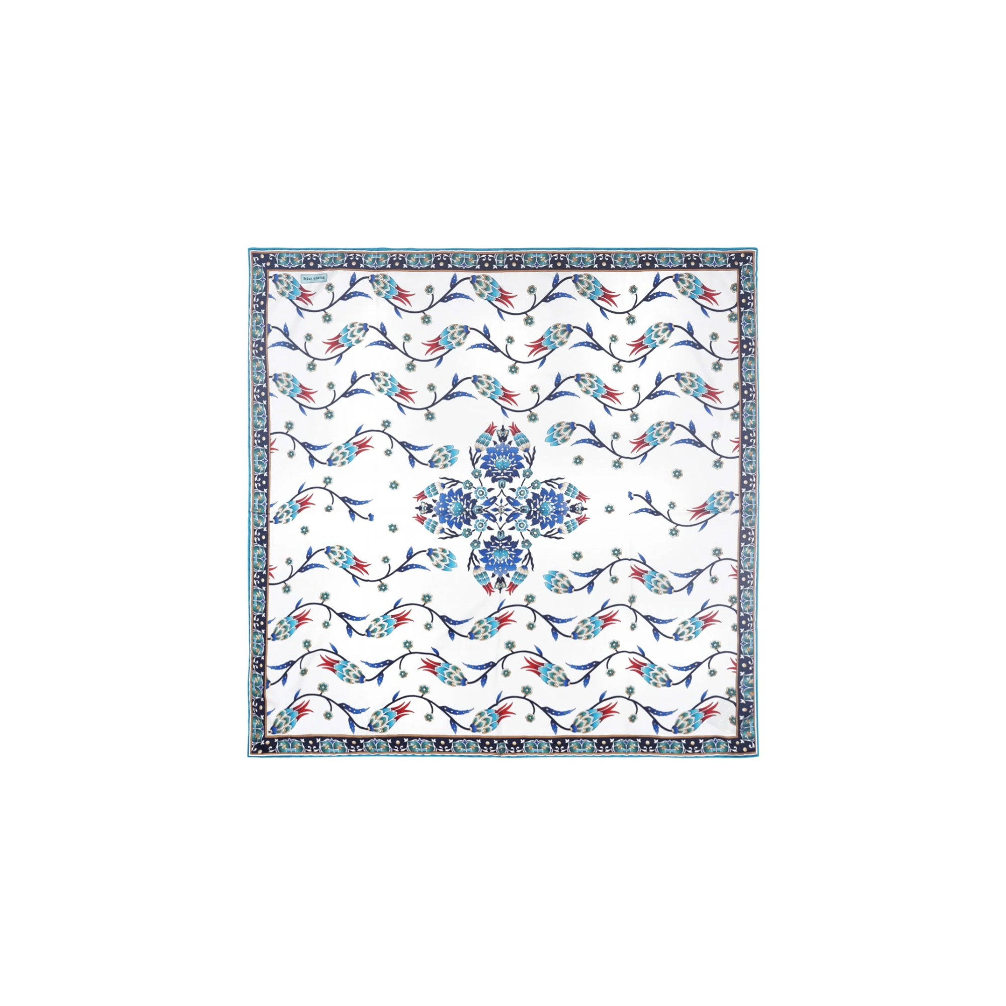 PRL blue and white floral square silk scarf with decorative border print