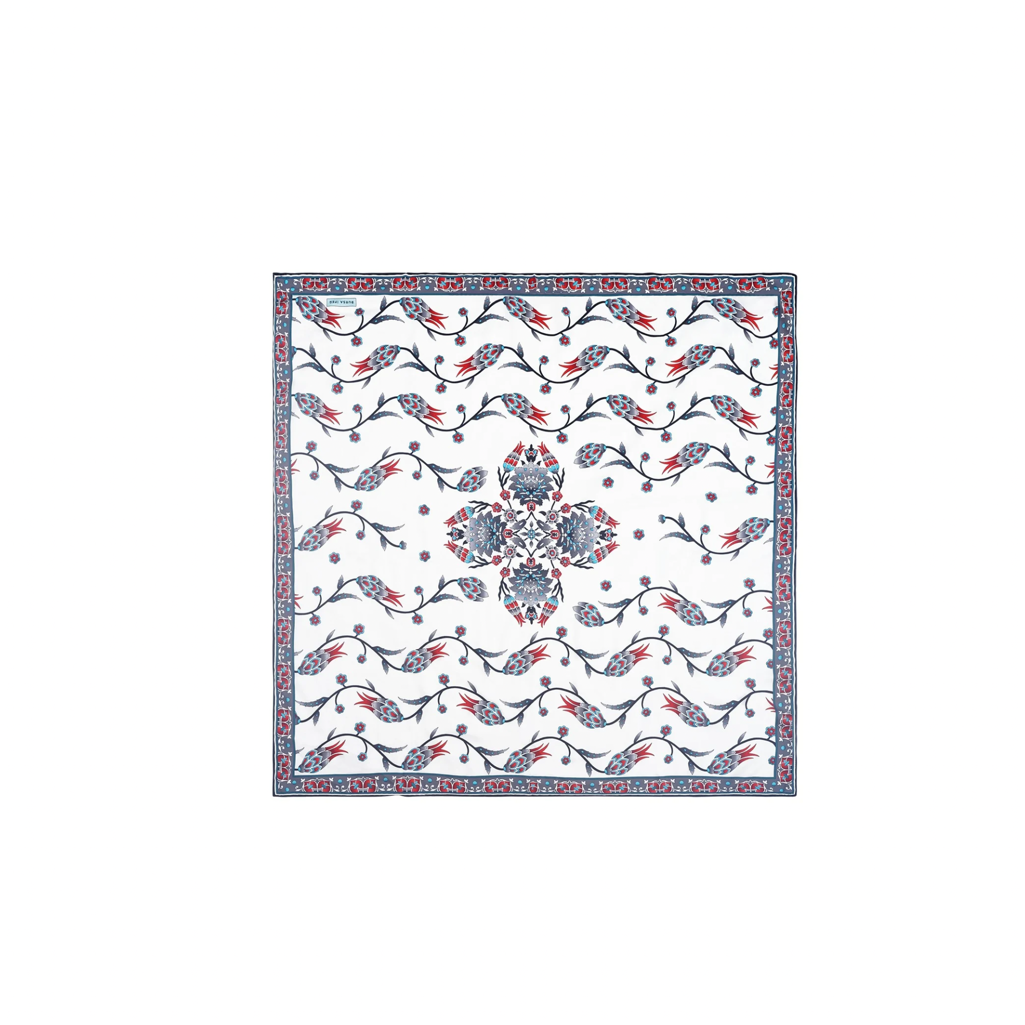 PRL grey red white floral square silk scarf with decorative border print