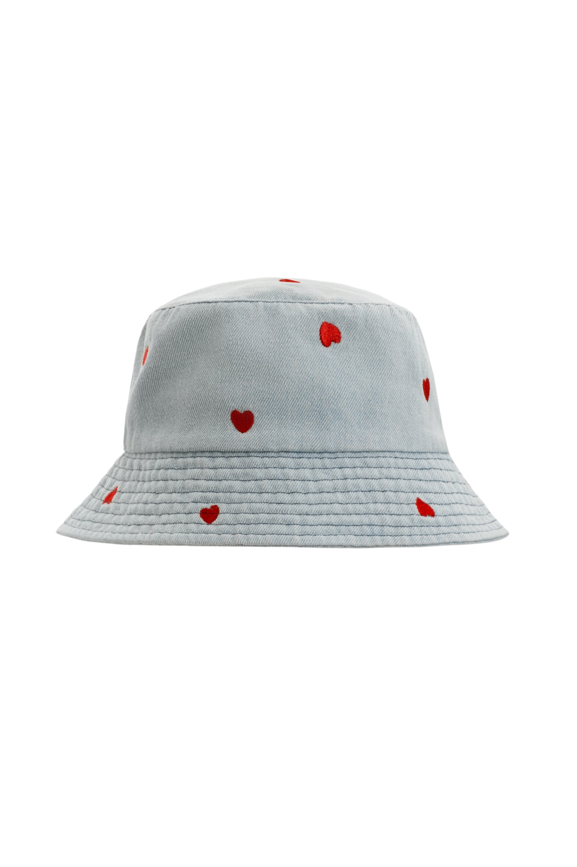 PRL women light denim bucket hat with red heart embroidery relaxed summer beach accessory