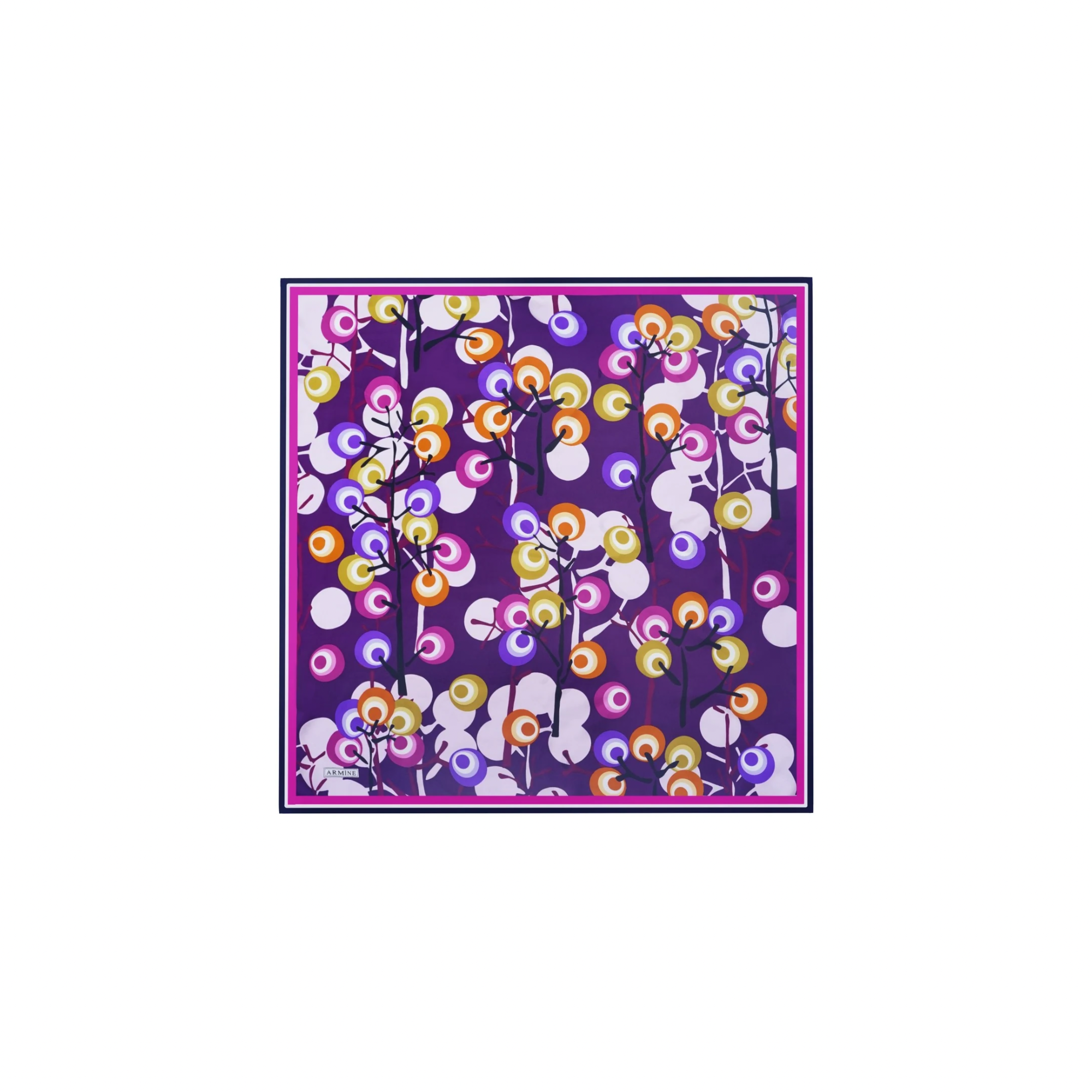 PRL square silk scarf with purple background and colorful berry floral geometric print statement vacation accessory