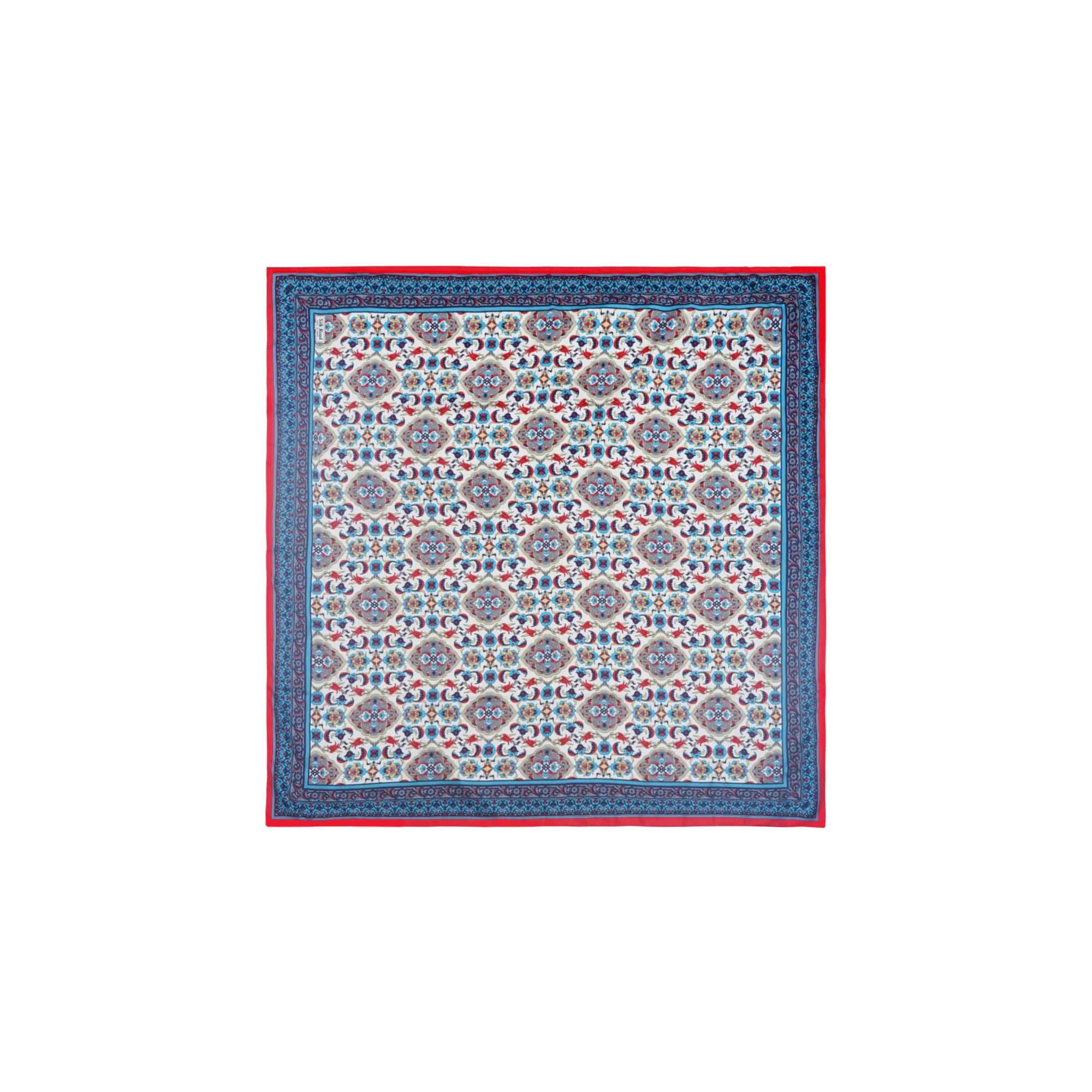 PRL blue Mediterranean tile floral silk square head scarf with ornamental botanical pattern resort accessory cover-up