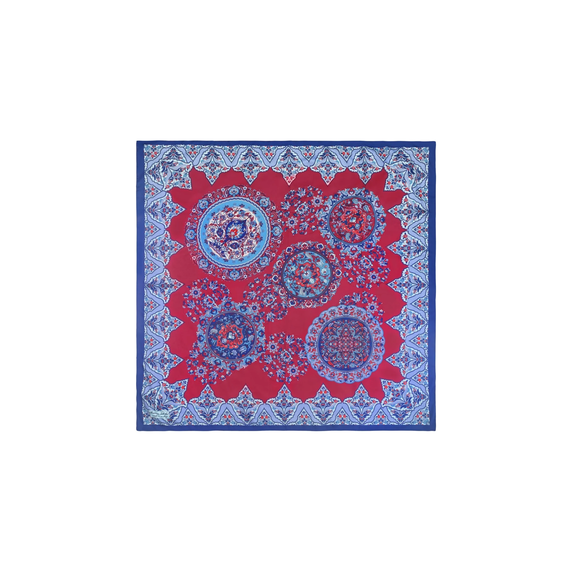 PRL square silk head scarf with red background and blue ornamental medallion pattern summer vacation accessory cover-up