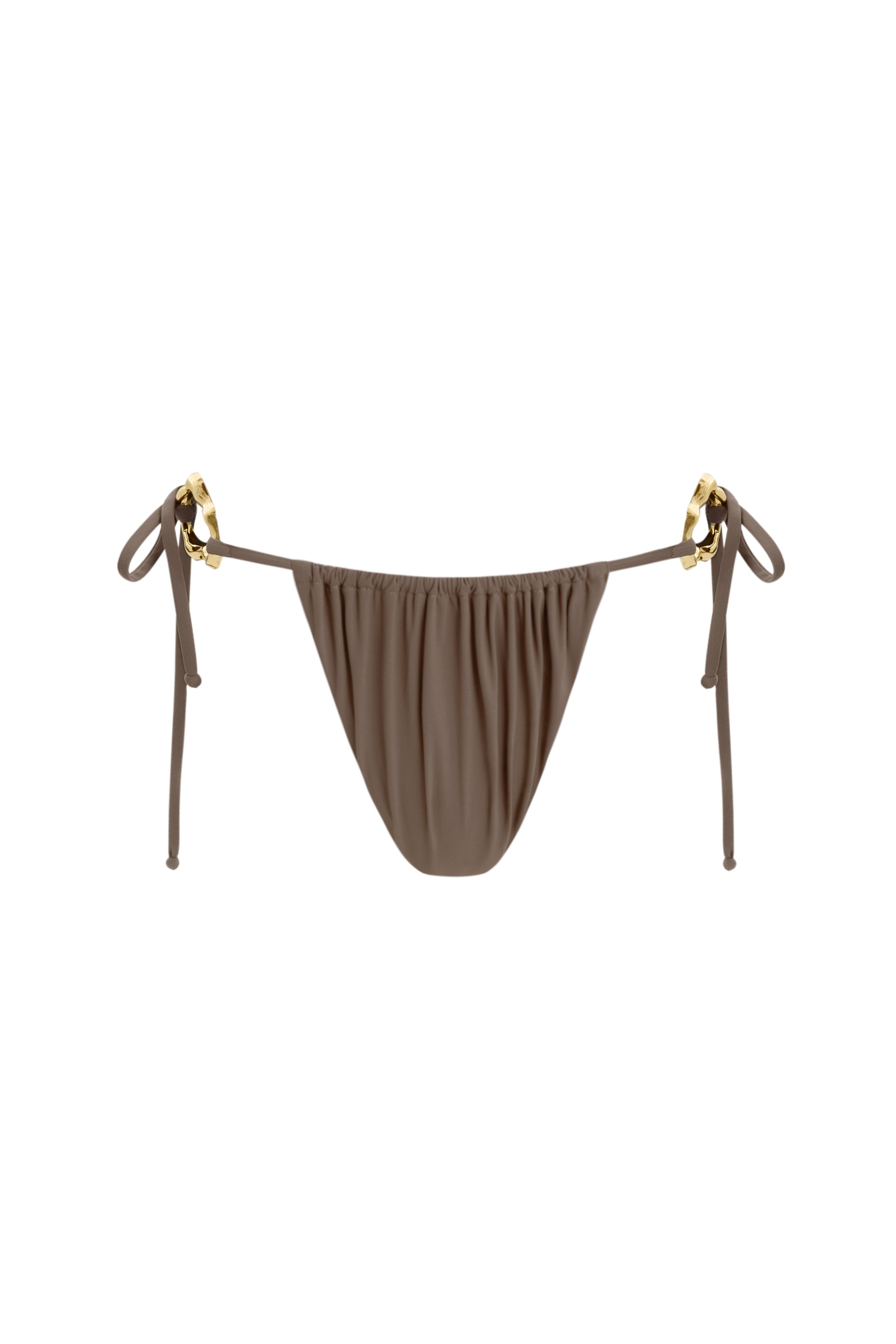 PRL stone taupe tie side bikini bottom with gold ring detail resort swimwear