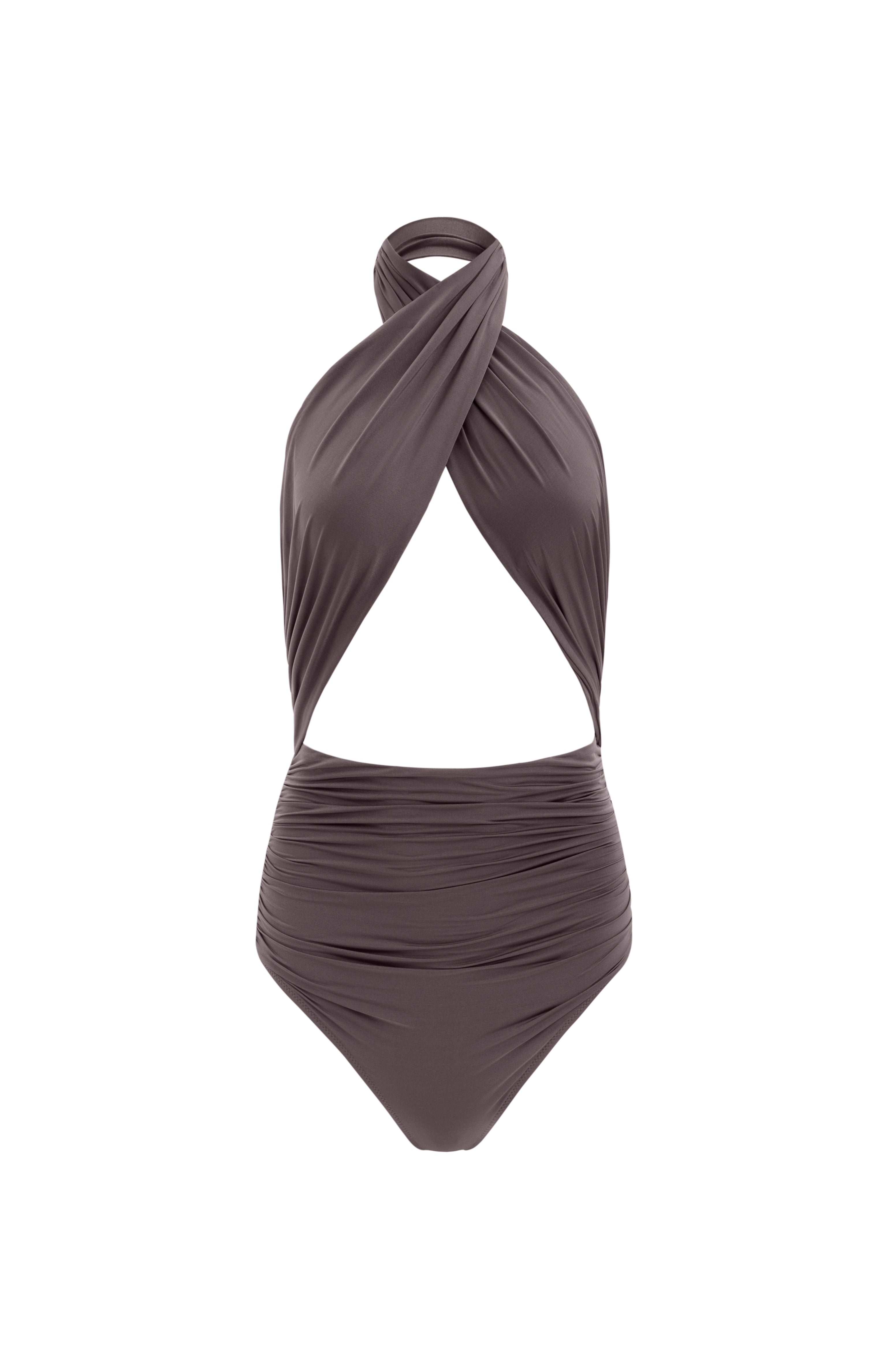 PRL taupe halter one piece swimsuit with cross front neckline and ruched high waist luxury swimwear