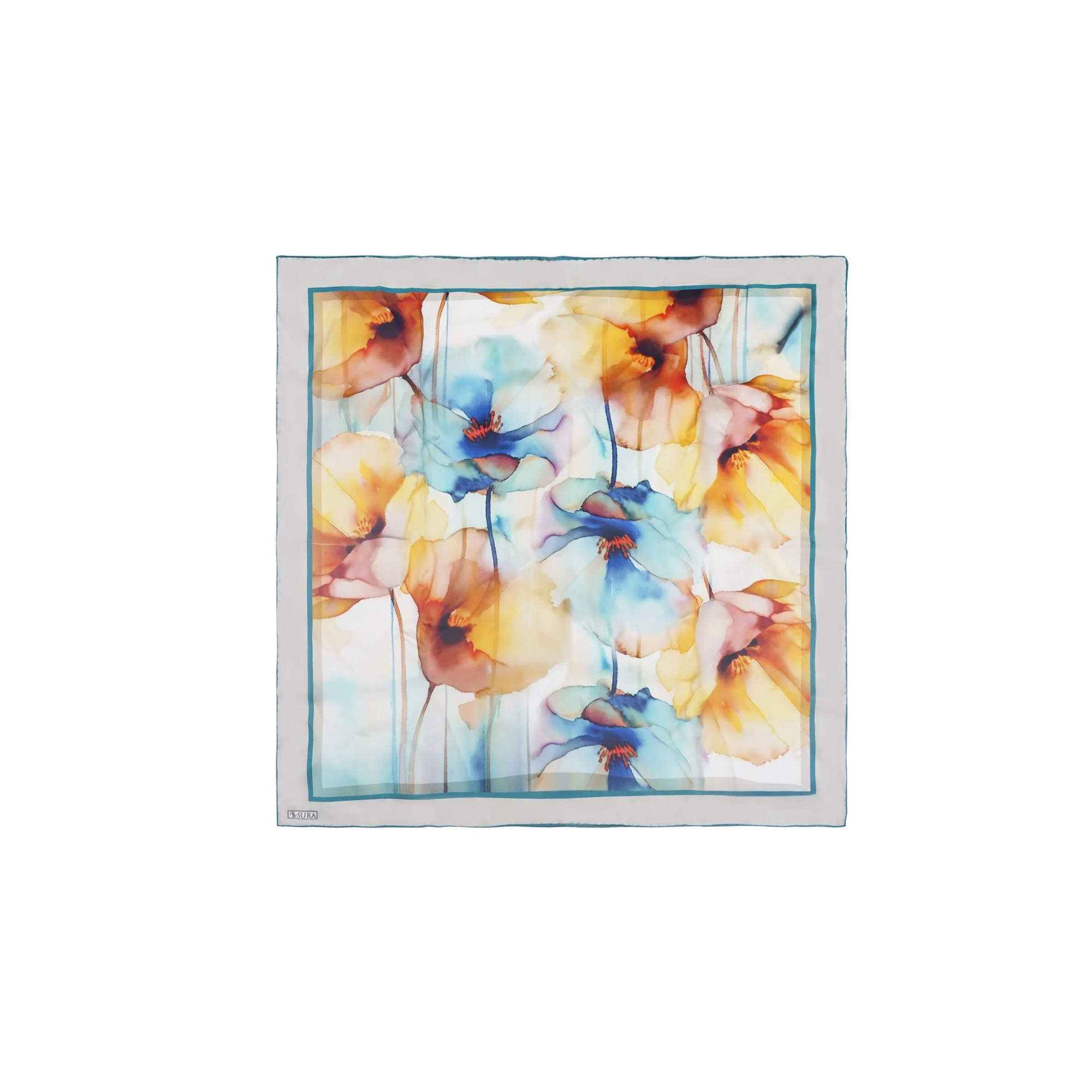 PRL watercolor floral silk square scarf with blue orange and yellow flower print lightweight beach accessory